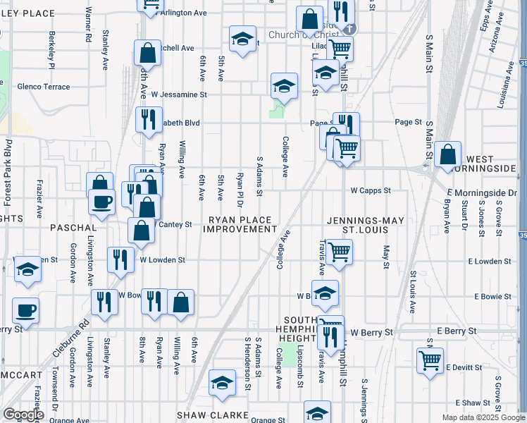 map of restaurants, bars, coffee shops, grocery stores, and more near 2727 South Adams Street in Fort Worth