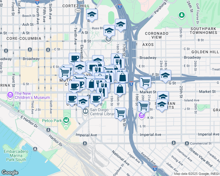 map of restaurants, bars, coffee shops, grocery stores, and more near 639-55 15th Street in San Diego