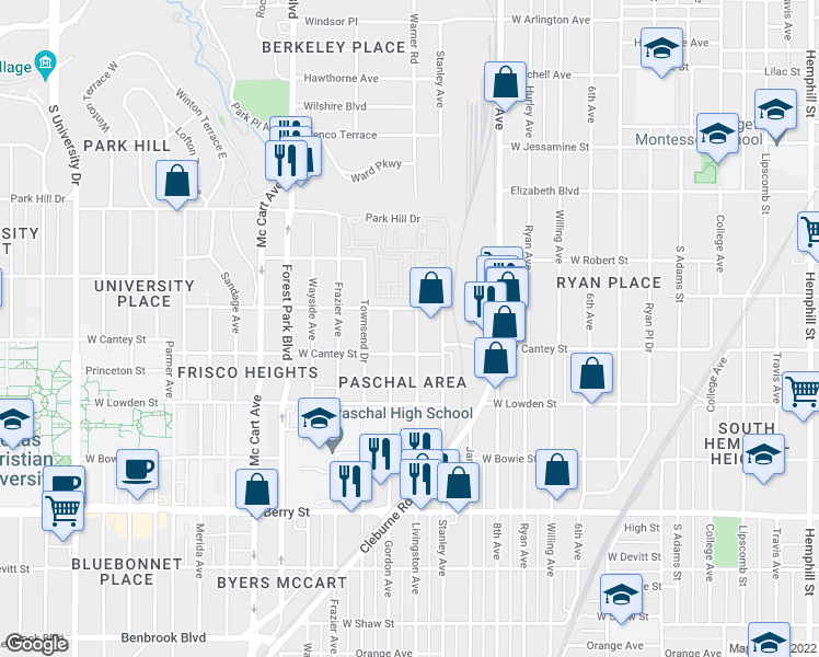 map of restaurants, bars, coffee shops, grocery stores, and more near 2716 Livingston Avenue in Fort Worth