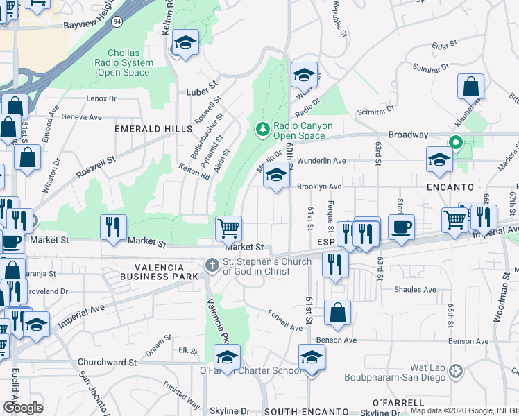 map of restaurants, bars, coffee shops, grocery stores, and more near 647 59th Street in San Diego
