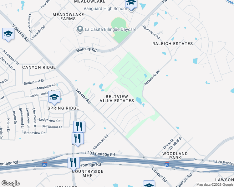 map of restaurants, bars, coffee shops, grocery stores, and more near 175 Travis Street in Mesquite