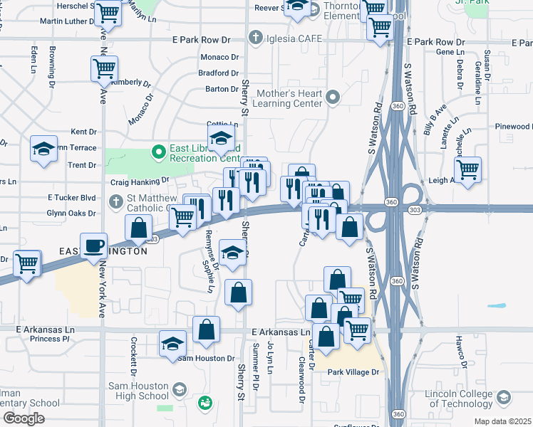 map of restaurants, bars, coffee shops, grocery stores, and more near 2131 East Arkansas Lane in Arlington