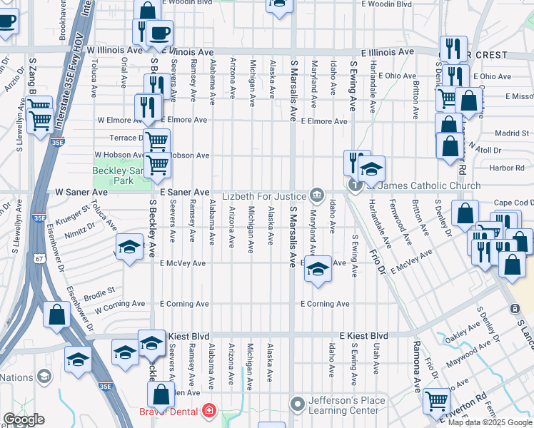 map of restaurants, bars, coffee shops, grocery stores, and more near 2831 Alaska Avenue in Dallas
