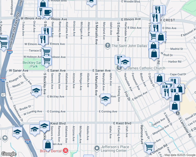 map of restaurants, bars, coffee shops, grocery stores, and more near 2830 South Marsalis Avenue in Dallas