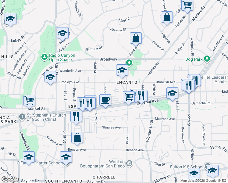 map of restaurants, bars, coffee shops, grocery stores, and more near 650 64th Street in San Diego