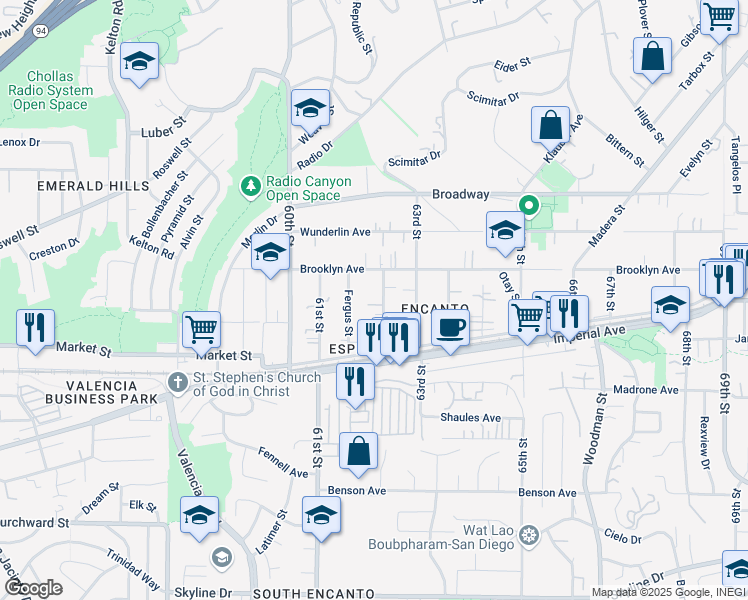 map of restaurants, bars, coffee shops, grocery stores, and more near 654 62nd Street in San Diego