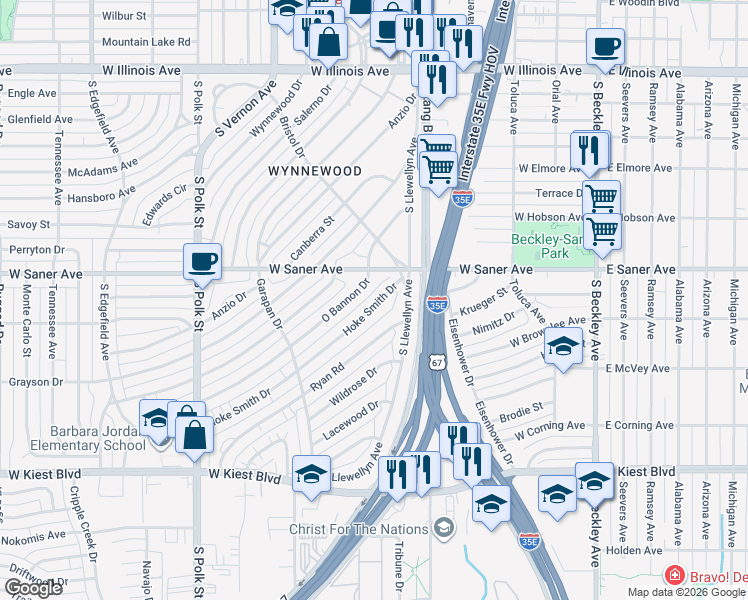 map of restaurants, bars, coffee shops, grocery stores, and more near 539 Hoke Smith Drive in Dallas