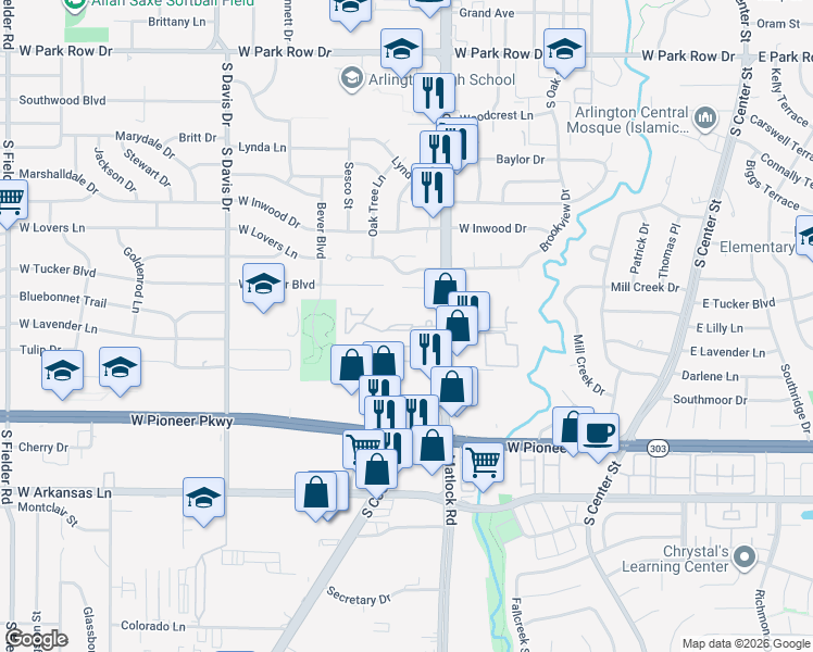 map of restaurants, bars, coffee shops, grocery stores, and more near 812 Cooper Square Circle in Arlington
