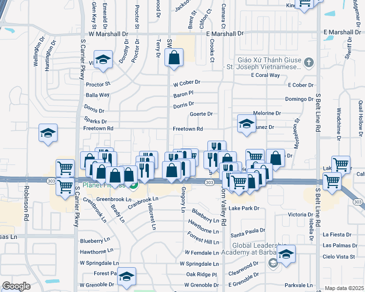 map of restaurants, bars, coffee shops, grocery stores, and more near 203 Freetown Road in Grand Prairie