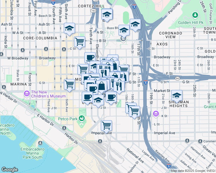 map of restaurants, bars, coffee shops, grocery stores, and more near 555 Park Boulevard in San Diego