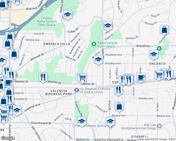 map of restaurants, bars, coffee shops, grocery stores, and more near 645 Merlin Drive in San Diego