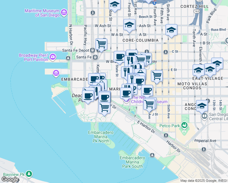 map of restaurants, bars, coffee shops, grocery stores, and more near 633 State Street in San Diego