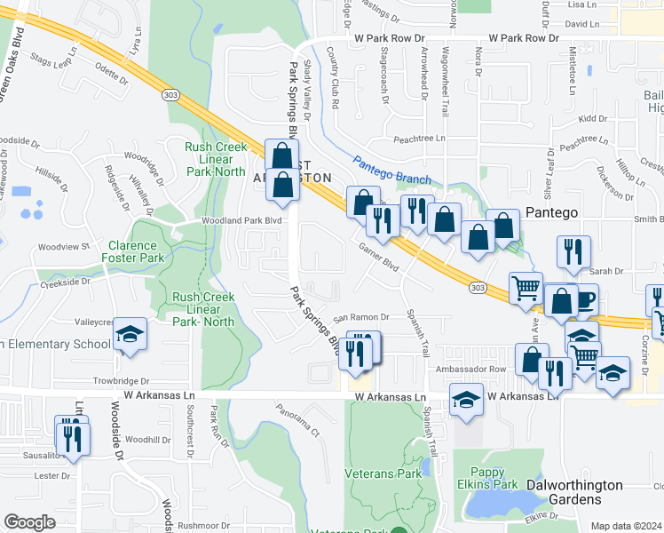 map of restaurants, bars, coffee shops, grocery stores, and more near 2129 Park Springs Circle in Arlington