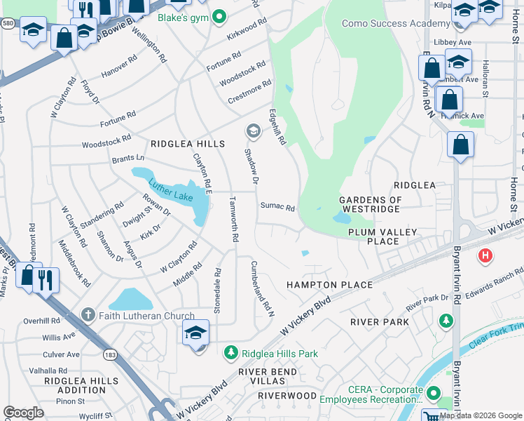 map of restaurants, bars, coffee shops, grocery stores, and more near 6463 Sumac Road in Fort Worth