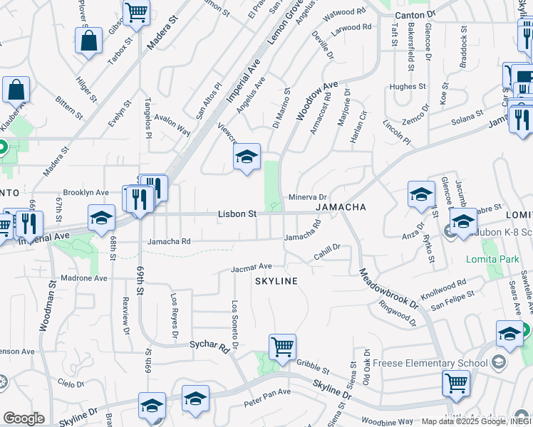 map of restaurants, bars, coffee shops, grocery stores, and more near 7270 Lisbon Street in San Diego