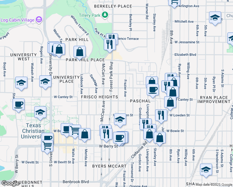 map of restaurants, bars, coffee shops, grocery stores, and more near 2716 Wayside Avenue in Fort Worth