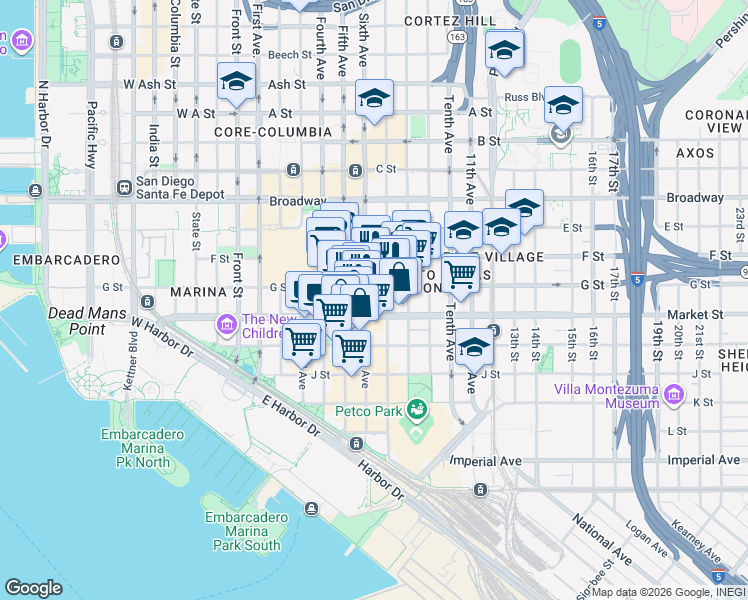 map of restaurants, bars, coffee shops, grocery stores, and more near 643 Sixth Avenue in San Diego