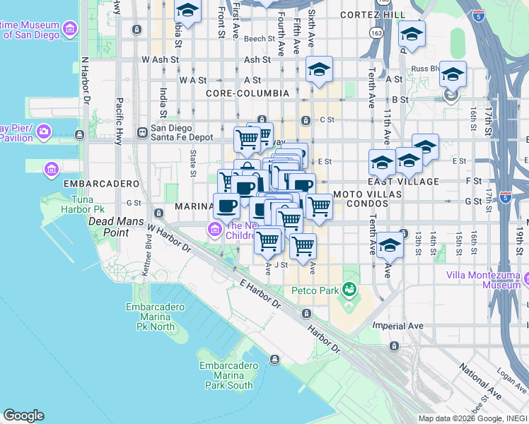 map of restaurants, bars, coffee shops, grocery stores, and more near 606 Third Avenue in San Diego
