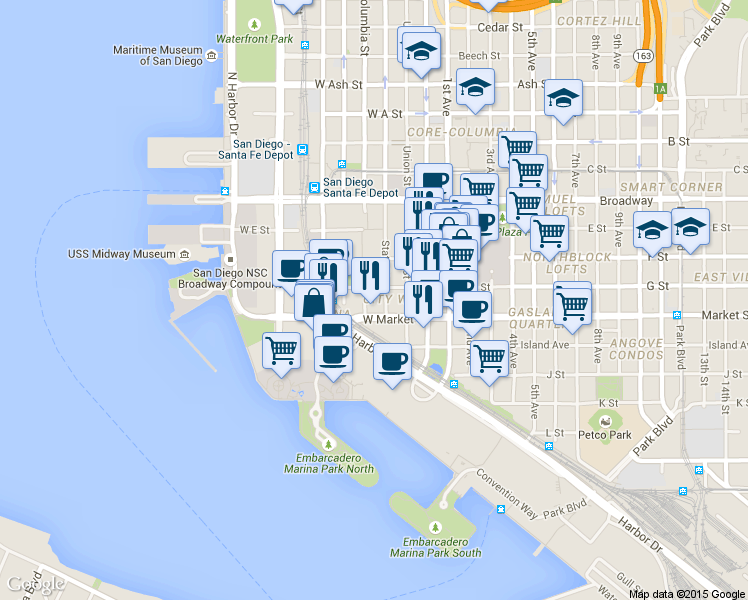 map of restaurants, bars, coffee shops, grocery stores, and more near 633 State Street in San Diego