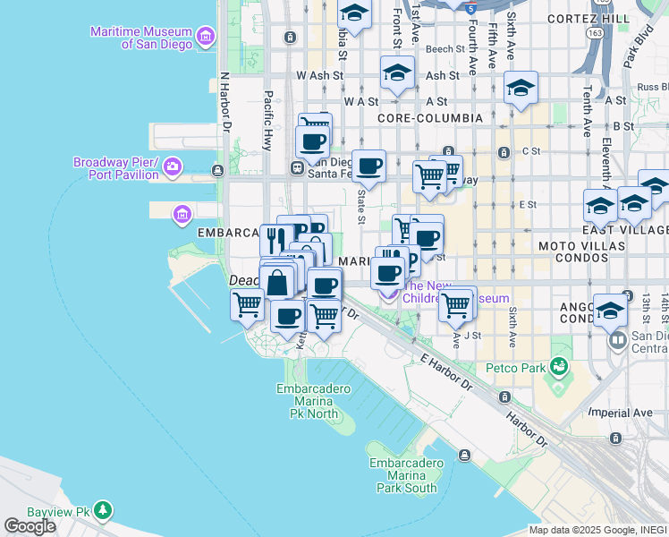 map of restaurants, bars, coffee shops, grocery stores, and more near West Harbor Drive in San Diego