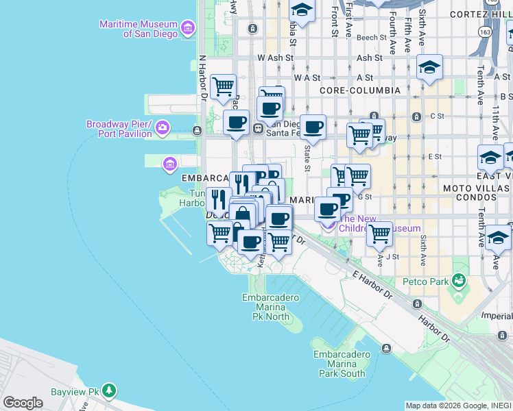 map of restaurants, bars, coffee shops, grocery stores, and more near 733 West G Street in San Diego