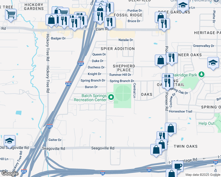 map of restaurants, bars, coffee shops, grocery stores, and more near 4200 Shepherd Lane in Balch Springs