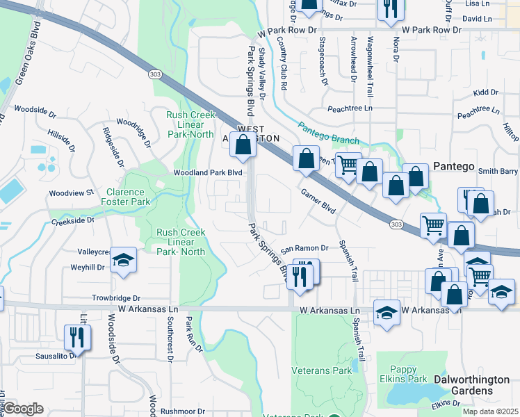 map of restaurants, bars, coffee shops, grocery stores, and more near 2105 Park Springs Circle in Arlington