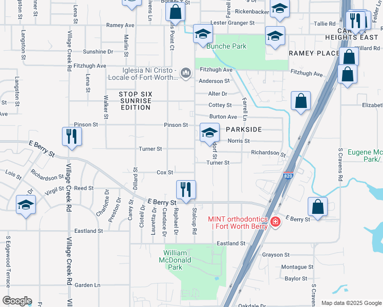 map of restaurants, bars, coffee shops, grocery stores, and more near 3409 Stalcup Road in Fort Worth