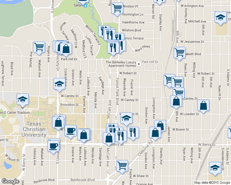 map of restaurants, bars, coffee shops, grocery stores, and more near 2723 Mc Cart Avenue in Fort Worth