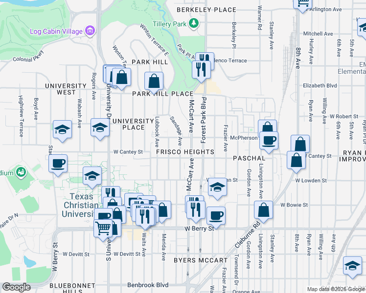map of restaurants, bars, coffee shops, grocery stores, and more near 2720 Sandage Avenue in Fort Worth