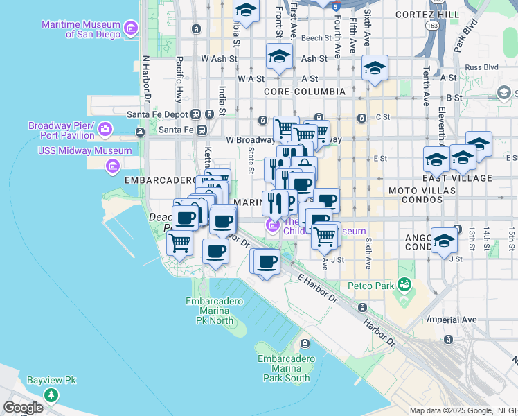 map of restaurants, bars, coffee shops, grocery stores, and more near 301 G Street in San Diego