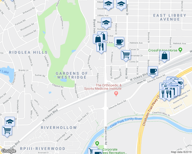 map of restaurants, bars, coffee shops, grocery stores, and more near 6005 Valley View Drive in Fort Worth