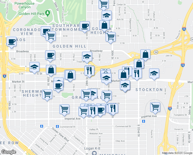 map of restaurants, bars, coffee shops, grocery stores, and more near 614 29th Street in San Diego