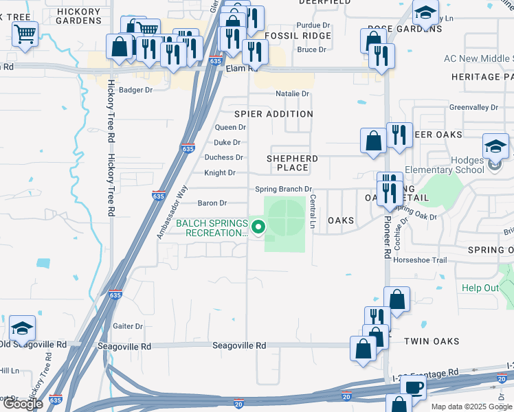 map of restaurants, bars, coffee shops, grocery stores, and more near 4200 Shepherd Lane in Balch Springs