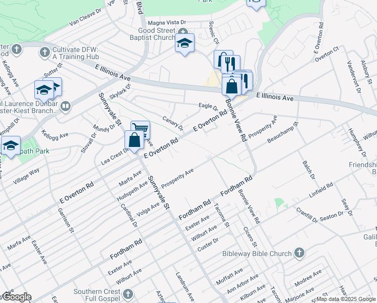 map of restaurants, bars, coffee shops, grocery stores, and more near 2788 East Overton Road in Dallas