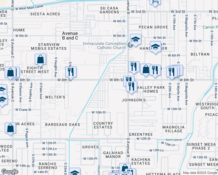 map of restaurants, bars, coffee shops, grocery stores, and more near 801-899 S Shady Palm Ln in Yuma