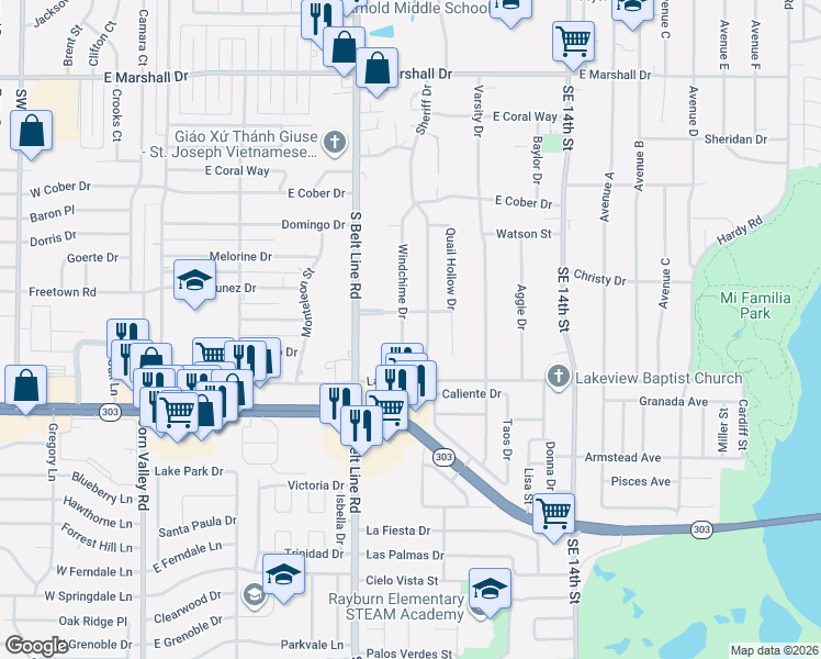 map of restaurants, bars, coffee shops, grocery stores, and more near 2313 Sheriff Drive in Grand Prairie