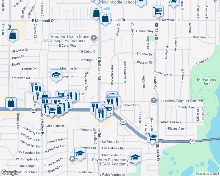map of restaurants, bars, coffee shops, grocery stores, and more near 2313 Windchime Drive in Grand Prairie