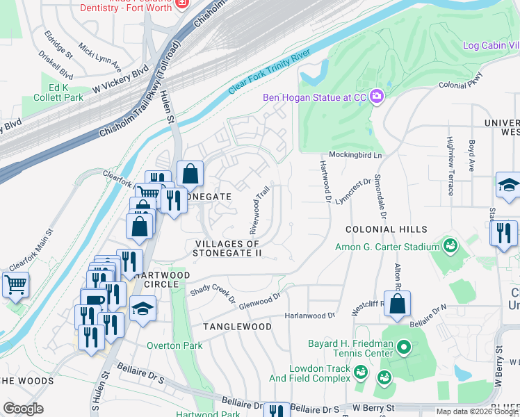 map of restaurants, bars, coffee shops, grocery stores, and more near 2725 Riverwood Trail in Fort Worth