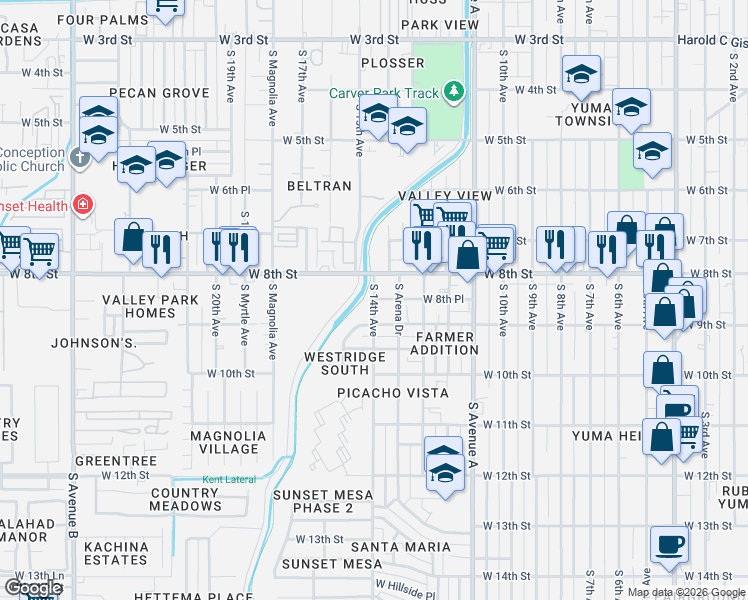 map of restaurants, bars, coffee shops, grocery stores, and more near 853 South 14th Avenue in Yuma
