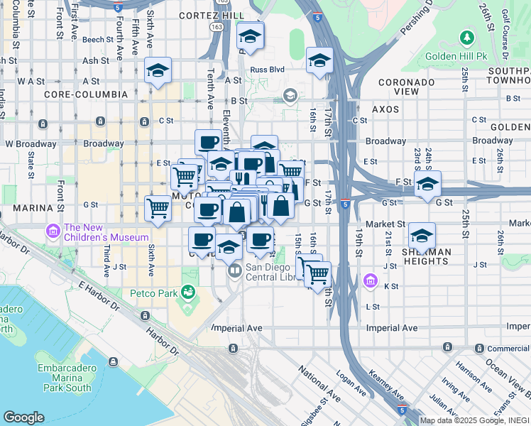map of restaurants, bars, coffee shops, grocery stores, and more near 626 13th Street in San Diego