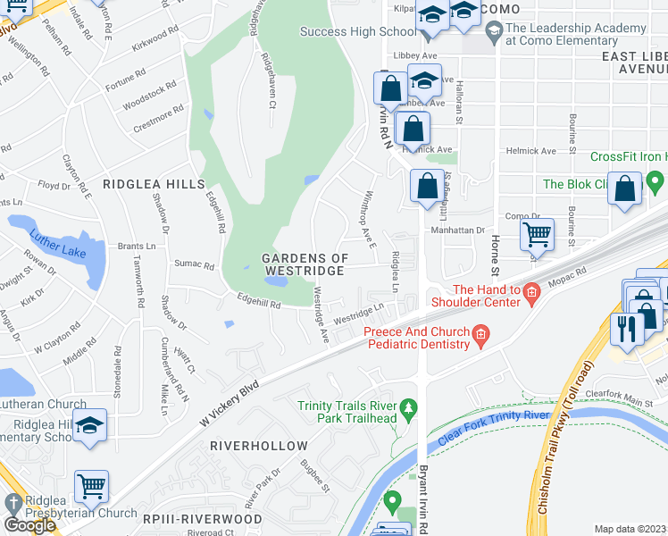 map of restaurants, bars, coffee shops, grocery stores, and more near 4924 Winthrop Avenue West in Fort Worth