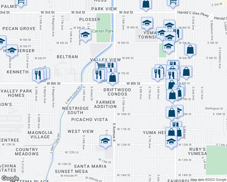 map of restaurants, bars, coffee shops, grocery stores, and more near West 8th Place in Yuma