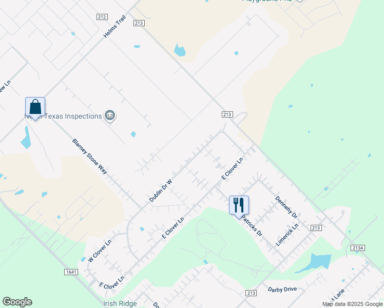 map of restaurants, bars, coffee shops, grocery stores, and more near 10411 Dublin Drive West in Forney