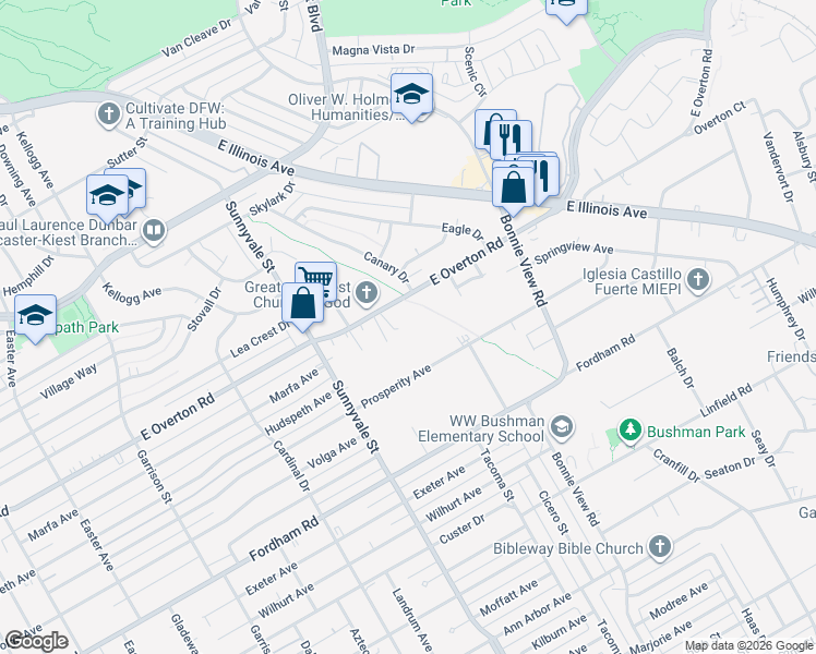 map of restaurants, bars, coffee shops, grocery stores, and more near 2788 East Overton Road in Dallas