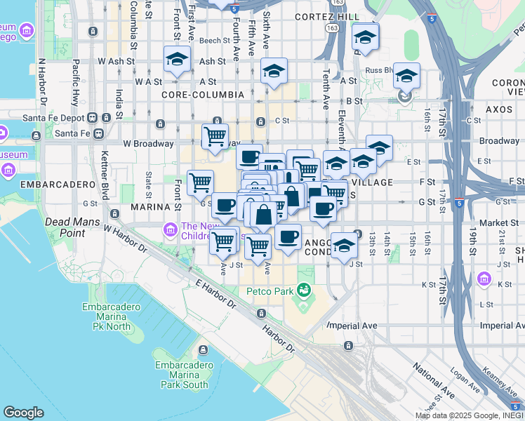 map of restaurants, bars, coffee shops, grocery stores, and more near 643 Sixth Avenue in San Diego