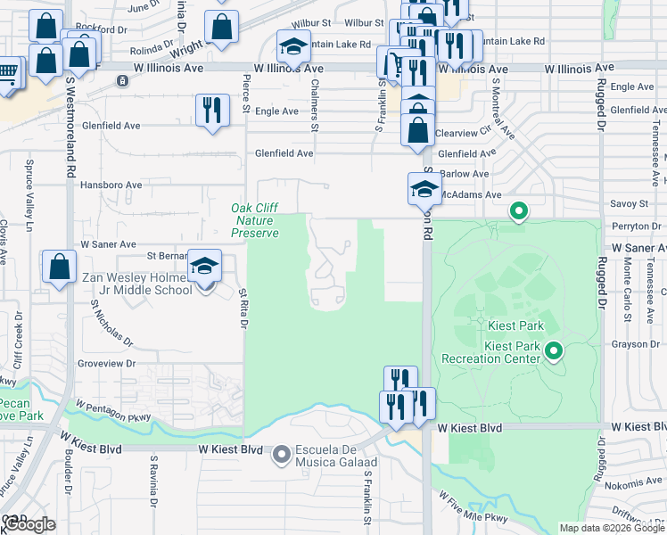 map of restaurants, bars, coffee shops, grocery stores, and more near 2514 Perryton Drive in Dallas