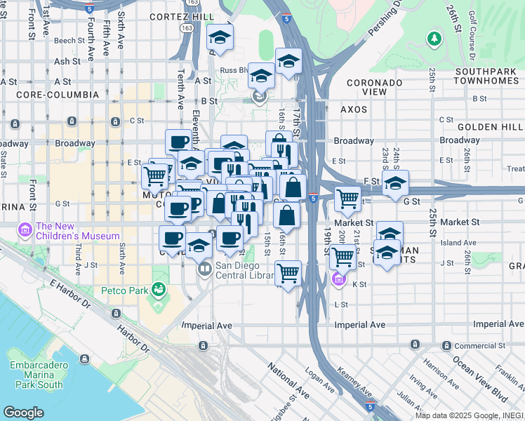 map of restaurants, bars, coffee shops, grocery stores, and more near 1450 Market Street in San Diego