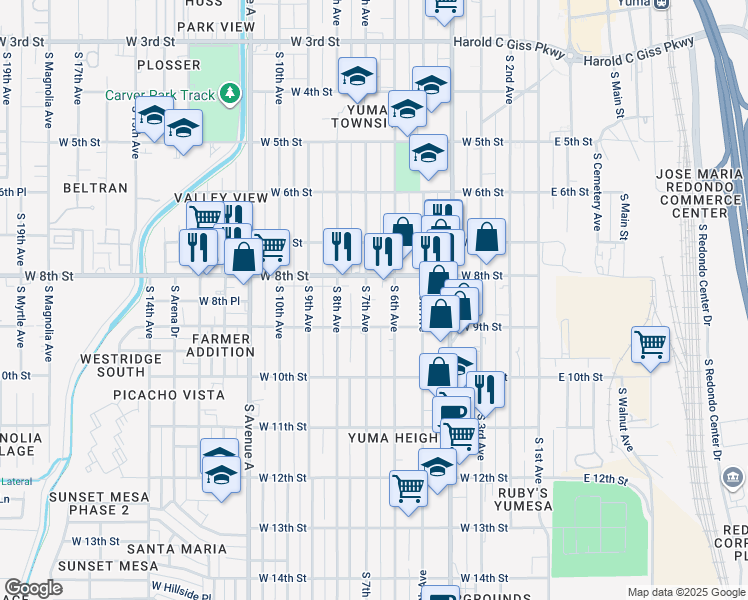 map of restaurants, bars, coffee shops, grocery stores, and more near 858 South 7th Avenue in Yuma