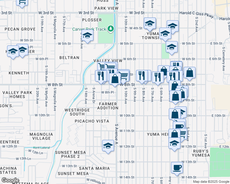 map of restaurants, bars, coffee shops, grocery stores, and more near 833 South Avenue A in Yuma